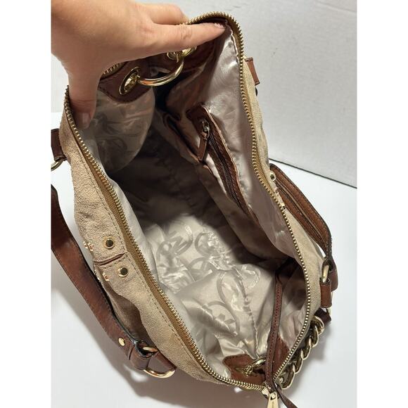 Michael Kors Altor Beige Brown Suede Leather Trim Studded Large Shoulder Bag - Picture 4 of 14